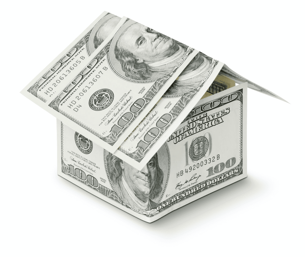 A pile of dollars in the shape of a house